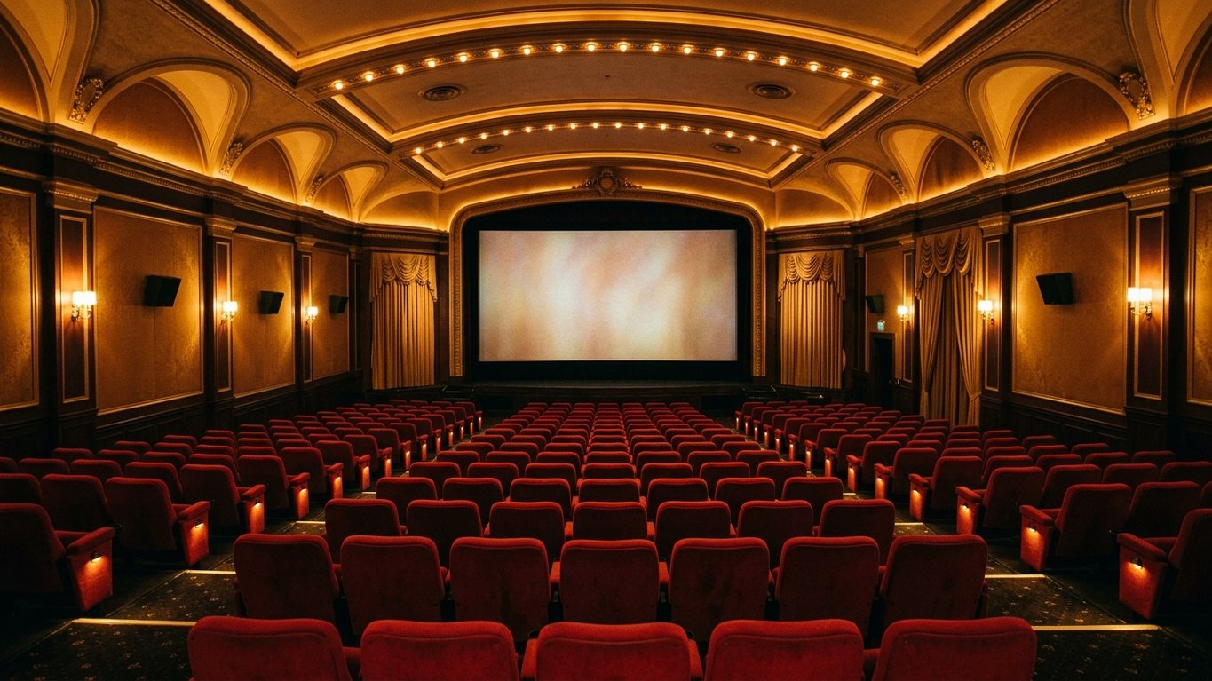 A cinema auditorium with red seats facing a glowing screen